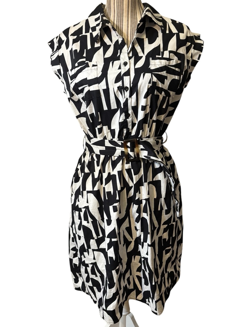 Monteau Los Angeles Shirt Dress XL Black & White Geometric Abstract Belt Retro